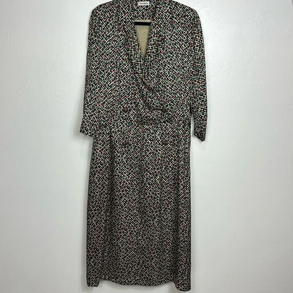 Conchita Vintage Abstract Print 3/4 Sleeve Midi Dress Size L
